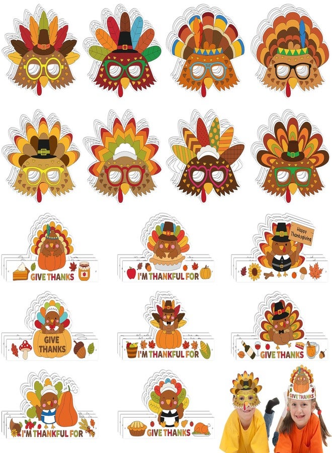 BkeeCten Thanksgiving Coloring Turkey Set - 96 Packs Turkey Coloring Headbands & Masks, DIY Craft Art Classroom Activity, School Party Supplies, Family Gathering Holiday Celebration Decor - Image 1